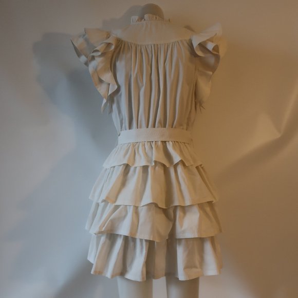 Womens Ulla Johnson Honoria White Ruffle Tiered Mini Split Neck Belted Dress 10* - Picture 11 of 16